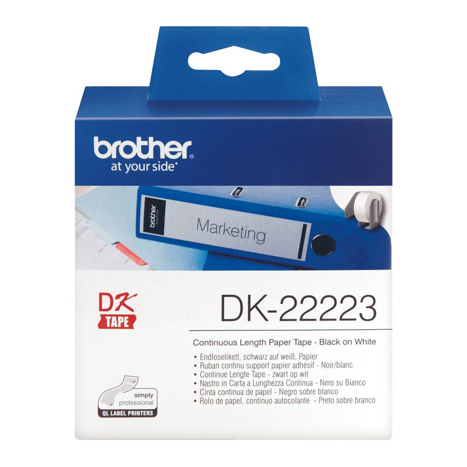 Original Brother DK22223 taperull i papir i løpende lengde – sort på hvit, 50 mm bred